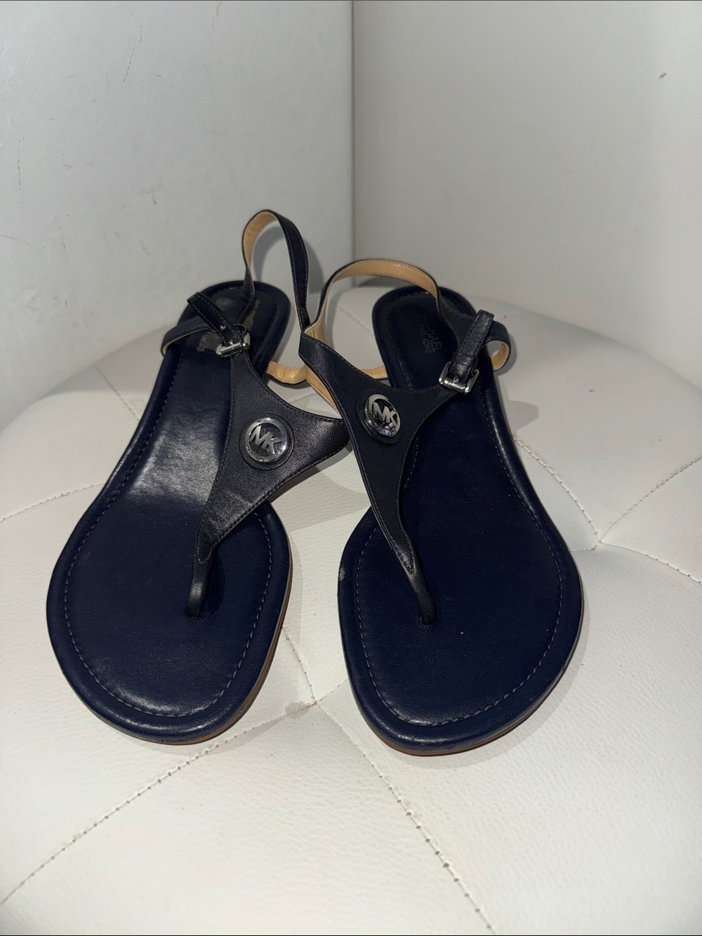 Michael Kors Black Navy Thong Sandals with MK Medallion
